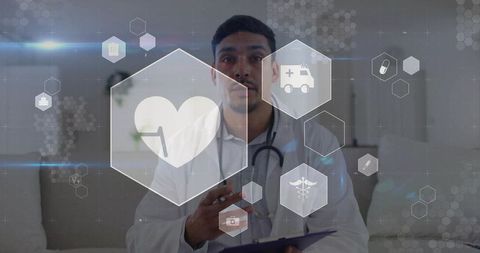 Doctor using telemedicine hud with heart icon and virtual medical interface for remote care