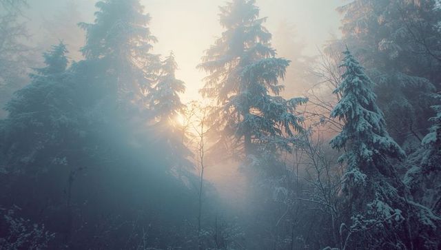 Misty Winter Forest with Sunlit Evergreen Trees at Dawn