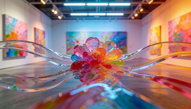 Glass flower sculpture reflecting rainbow light in contemporary art gallery