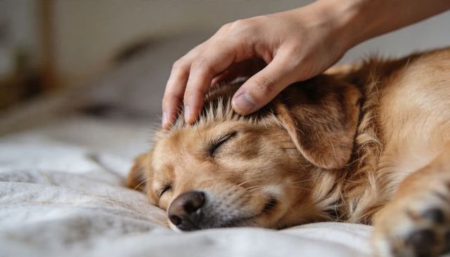 Sleeping golden dog receiving gentle head stroke on cozy bed, human hand petting