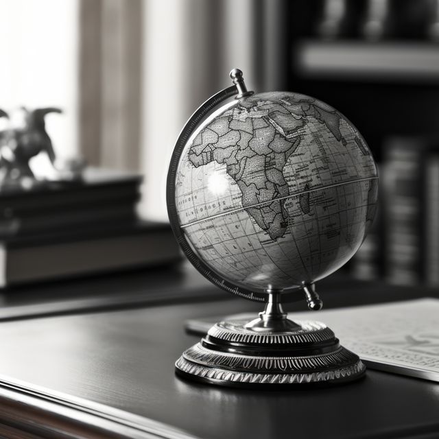 A vintage globe sits on a wooden desk in an office setting. It symbolizes exploration and global awareness in a professional or educational environment.