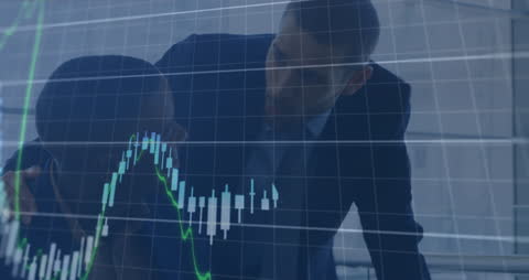 Businessmen Analyzing Stock Market Data with Digital Interface Overlay