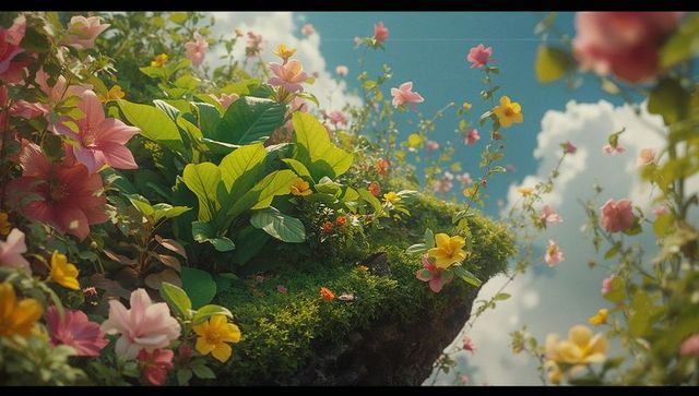 Lush floating garden rock with blooming flowers and blue sky