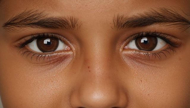Intense brown-eyed child gazing with rectangular studio catchlights, close-up, skin texture