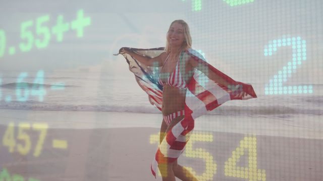 A woman draped in an American-style bikini and flag-themed fabric enjoys the beach while digital financial data streams in the foreground. Ideal for combining themes of summer relaxation, freedom, globalization, financial independence and the intersection of leisure and business. Suitable for use in travel promotions, financial service advertisements, or illustrating work-life balance concepts in blogs and marketing materials.