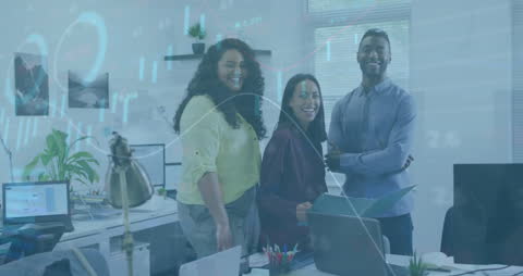 Diverse Professionals Collaborating in Modern Office with Financial Overlay