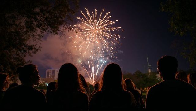 Silhouetted crowd watching fireworks over urban park night skyline celebration