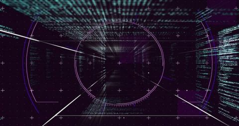 Neon Purple HUD Reticle Scanning Virtual Data Corridor With Matrix Code and Crosshair