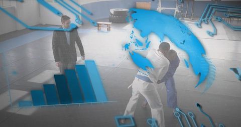 Grappling Martial Artists Training with Digital Analytics Overlay and Global Tech Concept