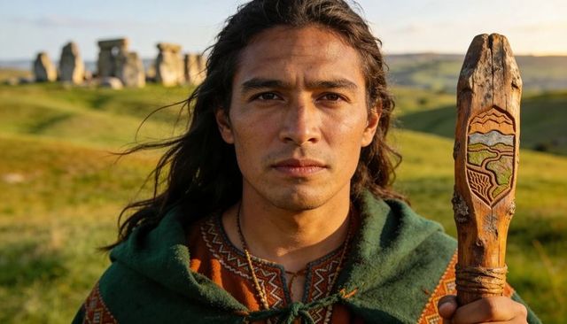 Holding carved staff near ancient stone circle at golden hour, wearing green cloak, tunic