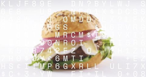 Gourmet seeded-bun burger featuring melted cheese, red onion, lettuce, code overlay