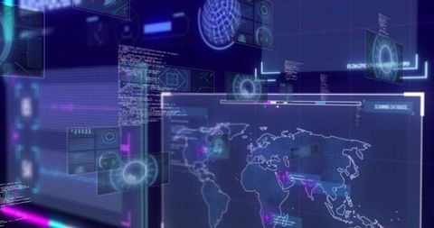 Futuristic holographic world map dashboard showing global cyber hotspots and data overlays