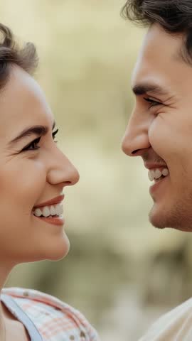 Vertical video: Couple sharing smiles and holding eye contact in park while leaning close