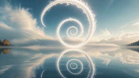 Majestic god-like spiraling clouds reflected in serene lake at dusk