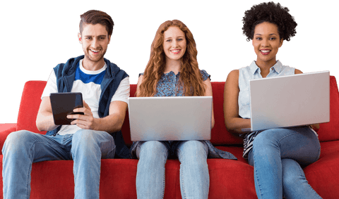 diverse youth engaging with electronic devices on red couch transparent background - Download Free Stock Videos Pikwizard.com
