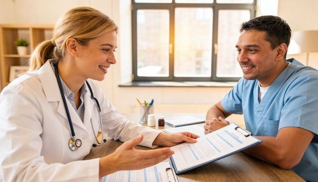 Smiling doctor and nurse reviewing patient forms during clinical consultation
