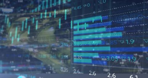Displaying Teal-Blue Financial Dashboard Over Blurred Aerial City Showing Real-Time Market Data