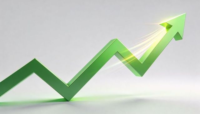Glossy green zigzag arrow rising with light streaks and lens flare representing growth