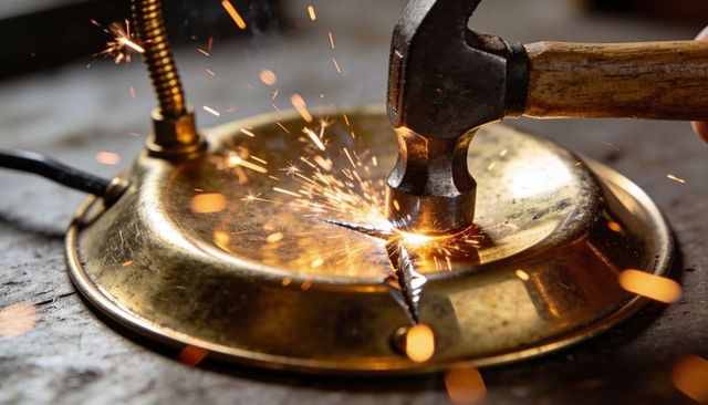 Claw hammer striking brass dome producing bright sparks and radial crack on workbench