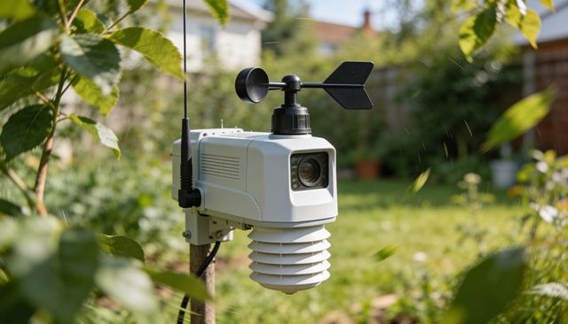 Monitoring weather with outdoor sensor camera and wind vane in backyard garden