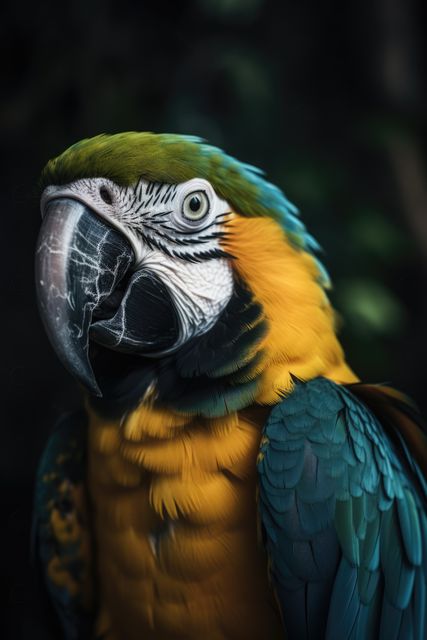 Close up of tropical parrot on dark background, created using generative ai technology. Parrot, tropical bird, wildlife and nature concept digitally generated image.