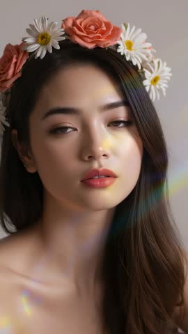 Blinking woman wearing floral crown holding serene gaze with prism light flares
