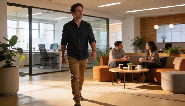 Man walking through modern coworking lounge, colleagues collaborating over coffee