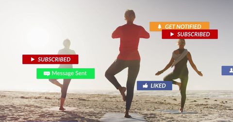 Women Practicing Yoga on Beach with Floating Social Media Icons