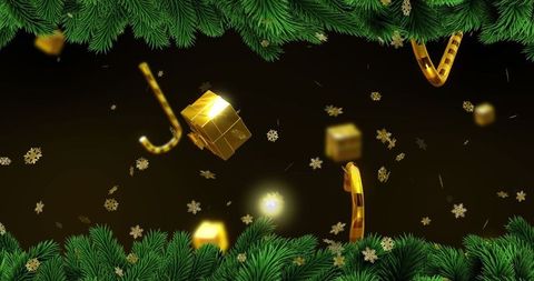 Golden gift boxes and evergreen fir holiday celebration