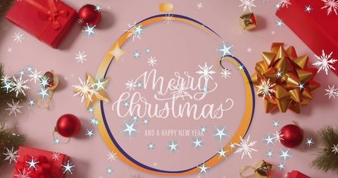 Festive Greetings with Baubles and Gift Boxes on Pink Background
