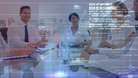Business Team Analyzing Data with Financial Graph and Code Overlay