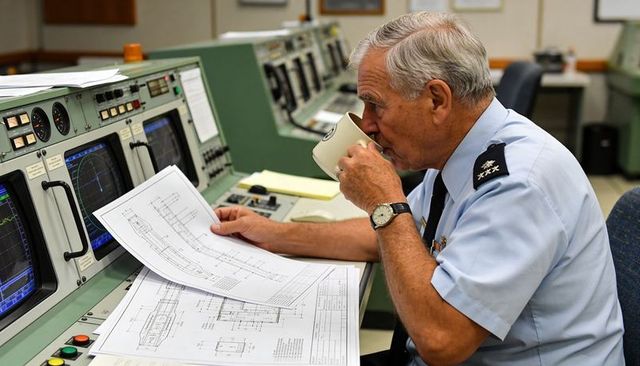 Senior officer reviewing technical blueprints while sipping coffee at control panel