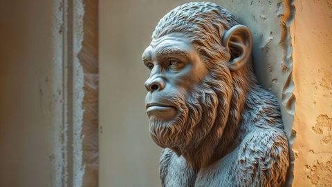 Ape-like sculpture in gallery with amber lighting