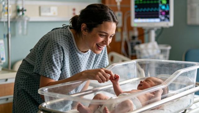 Smiling mother bonding with newborn in hospital postpartum room