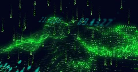 Abstract Digital Landscape with Flowing Binary Code