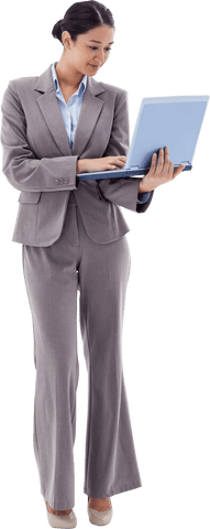 Transparent asian businesswoman using laptop, engaged work activity