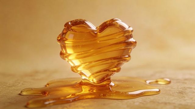 Golden honey heart melting with glossy drips and bubbles on warm surface, macro closeup