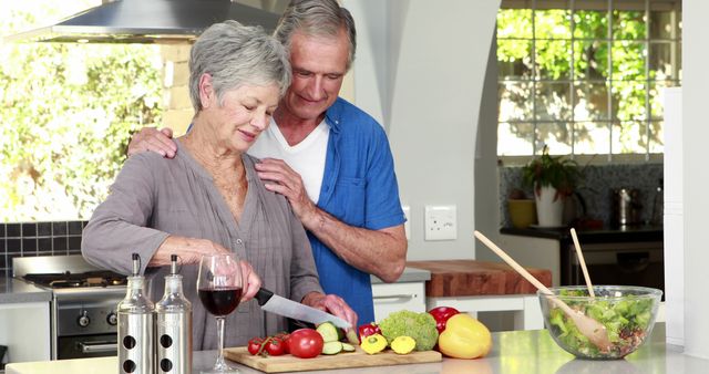 Ideal for illustrating healthy living among seniors, relationship goals, retirement life, or cooking tutorials centered around senior couples enjoying domestic life. Suitable for websites, blogs, or articles focused on aging, wellness, and family.