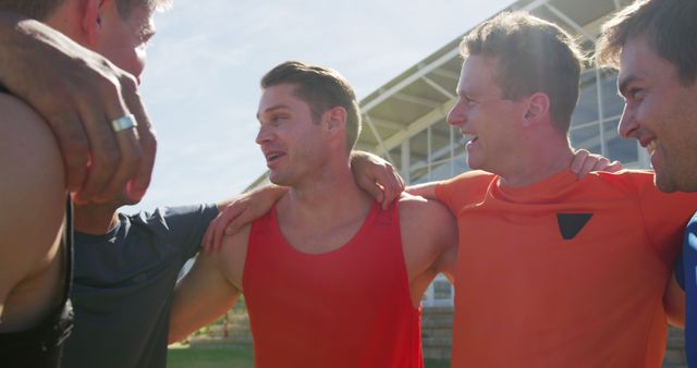 Male Friends Embracing in Huddle Outdoors on Sunny Day - Download Free Stock Images Pikwizard.com