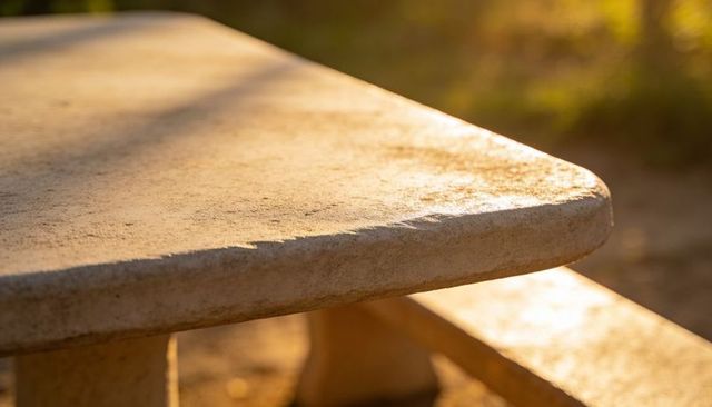 Sunlit weathered concrete picnic table corner with rounded chipped edge and bench golden hour glow