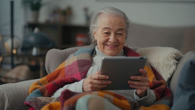 Smiling senior woman using tablet on sofa wrapped in colorful patchwork blanket at home