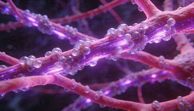 Glowing microscopic neural network with luminescent filaments and translucent beads
