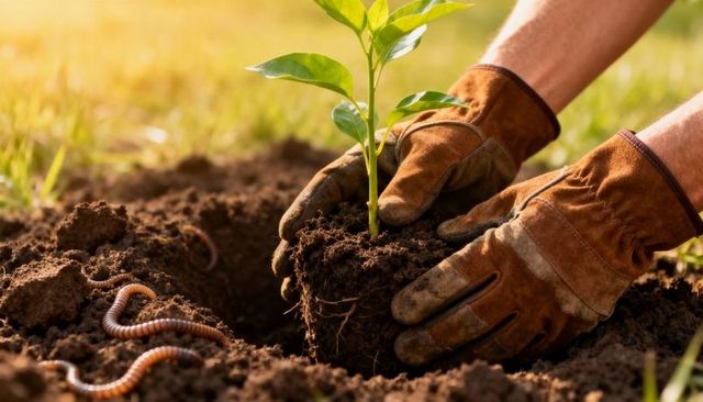 Planting green sapling with leather gloves and earthworms in rich soil at golden hour