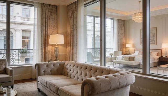 Luxury boutique hotel suite featuring tufted velvet sofa and glass-front bedroom view