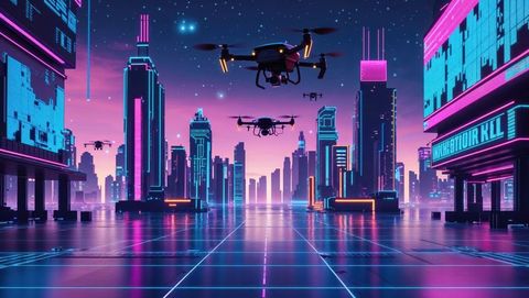 Futuristic Drones Flying Over Sci-Fi Urban City at Dusk