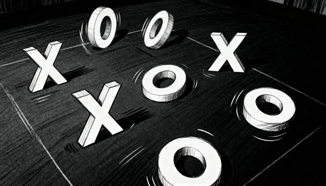 Wobbling 3d x and o pieces on tic-tac-toe grid monochrome sketch with woodgrain texture