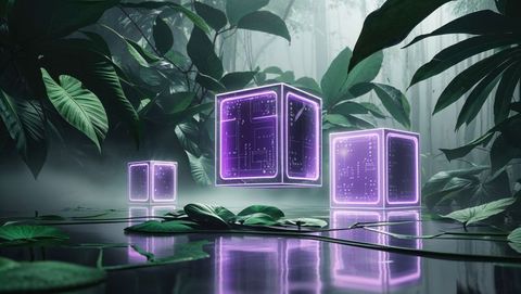 Futuristic neon cubes above tranquil forest water