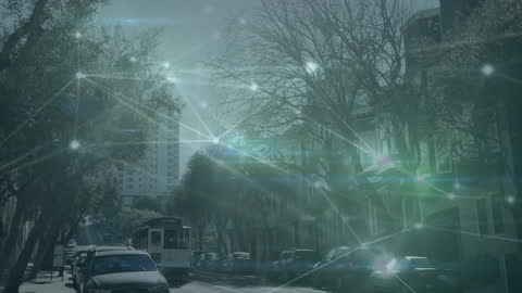 Digital Network Over Cityscape with Sunlight Filtering Through Trees