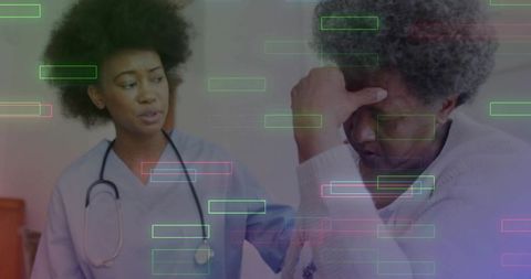 Compassionate nurse supporting anxious senior patient in clinical setting