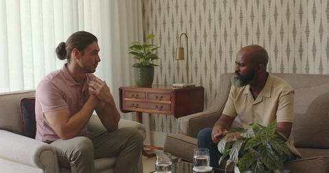 Two men engaged in serious conversation in stylish living room